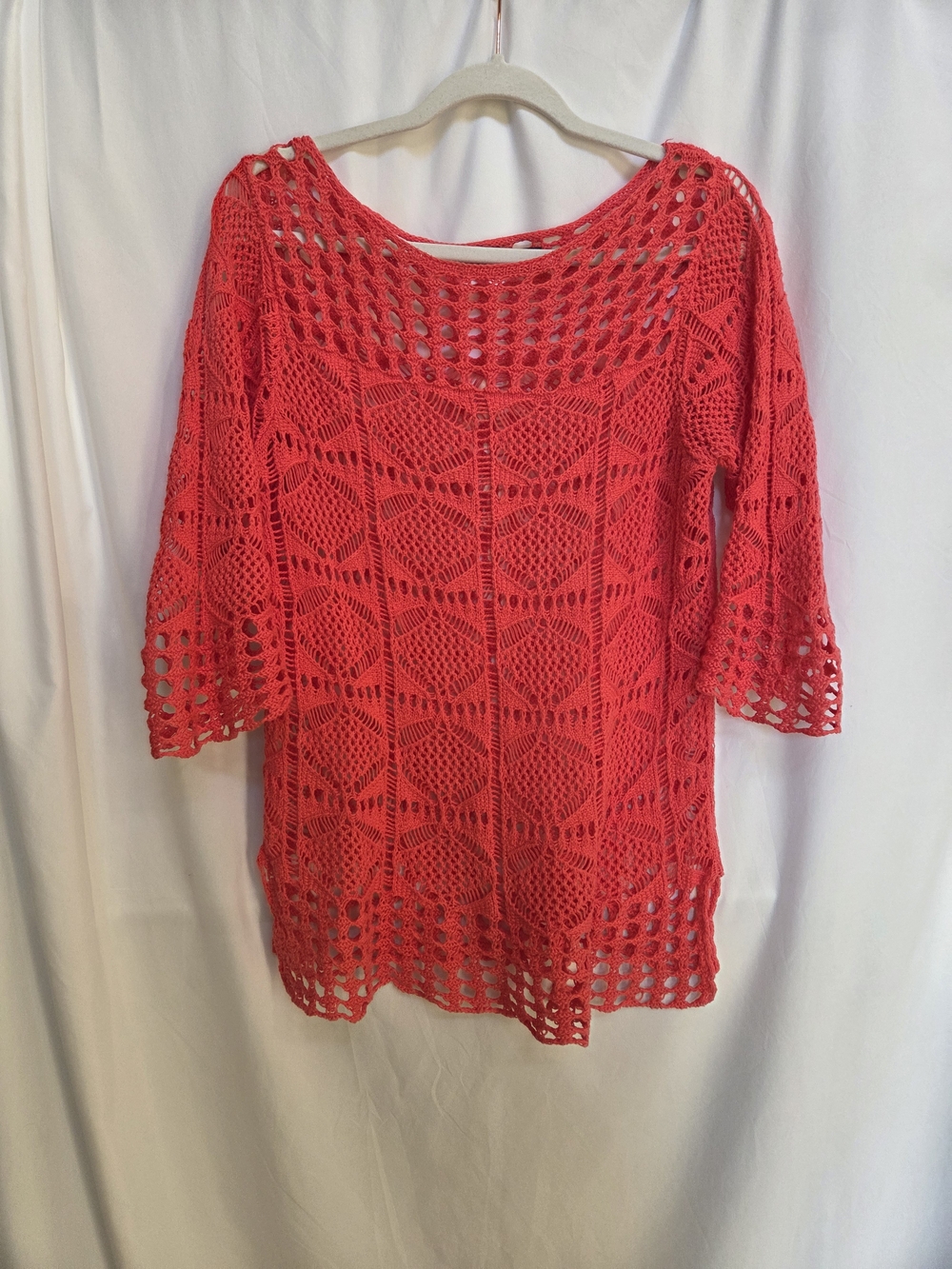 JEANNE PIERRE Crochet Knit Scoop Neck Sweater - Coral Red Size L